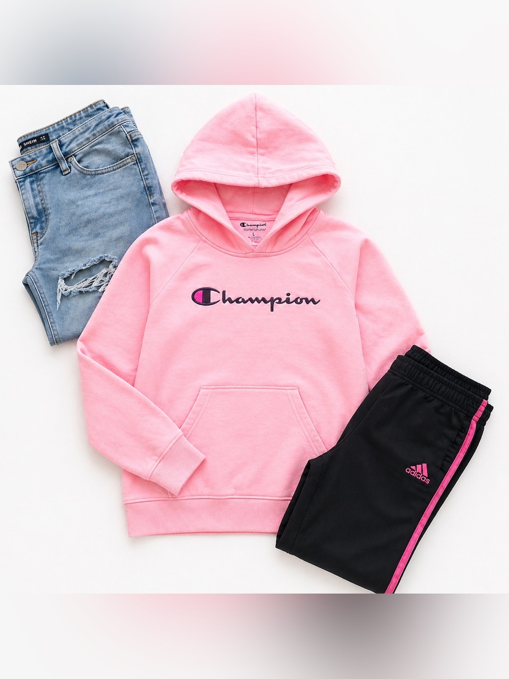 Champion Hoodie + Adidas Track Pants + Jeans Bundle (Girls 10–12)